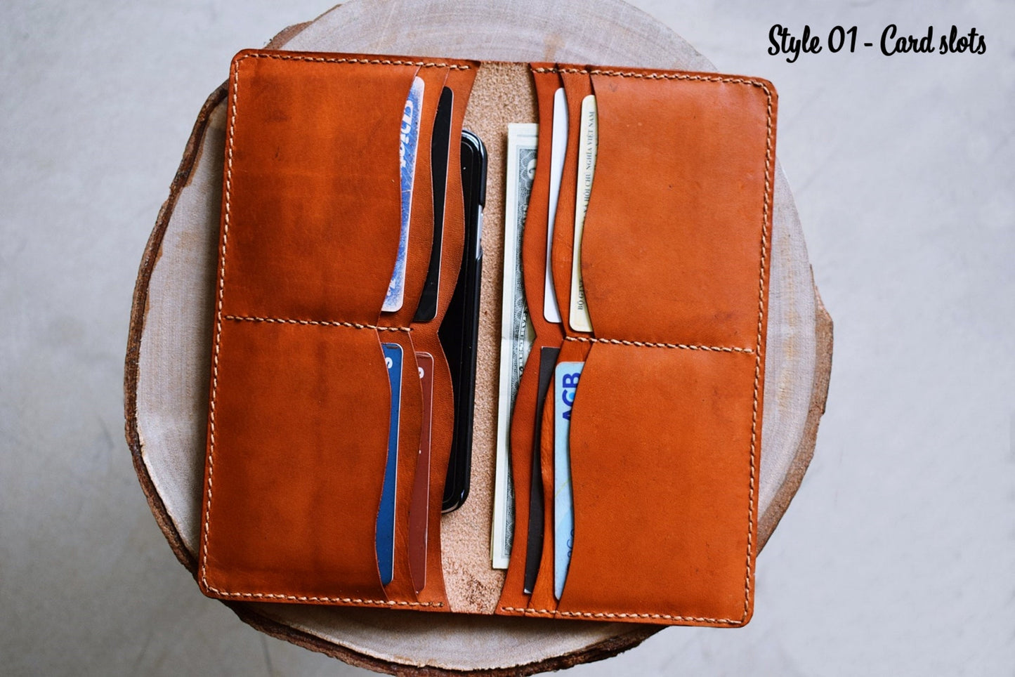 Personalized leather handmade long bifold flowers wallet for women, gift for her, mother's day gift