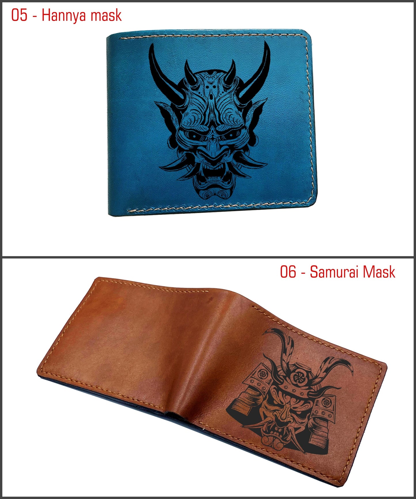 Personalized Japan ancient pattern leather men's wallet, Oni hannya demon evil mask art, horror wallet for men, halloween gift idea for him