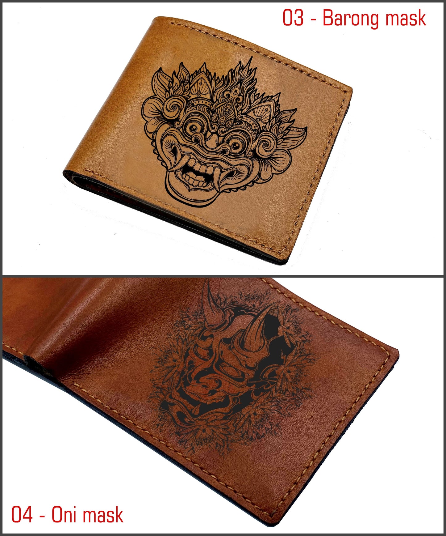 Personalized Japan ancient pattern leather men's wallet, Oni hannya demon evil mask art, horror wallet for men, halloween gift idea for him