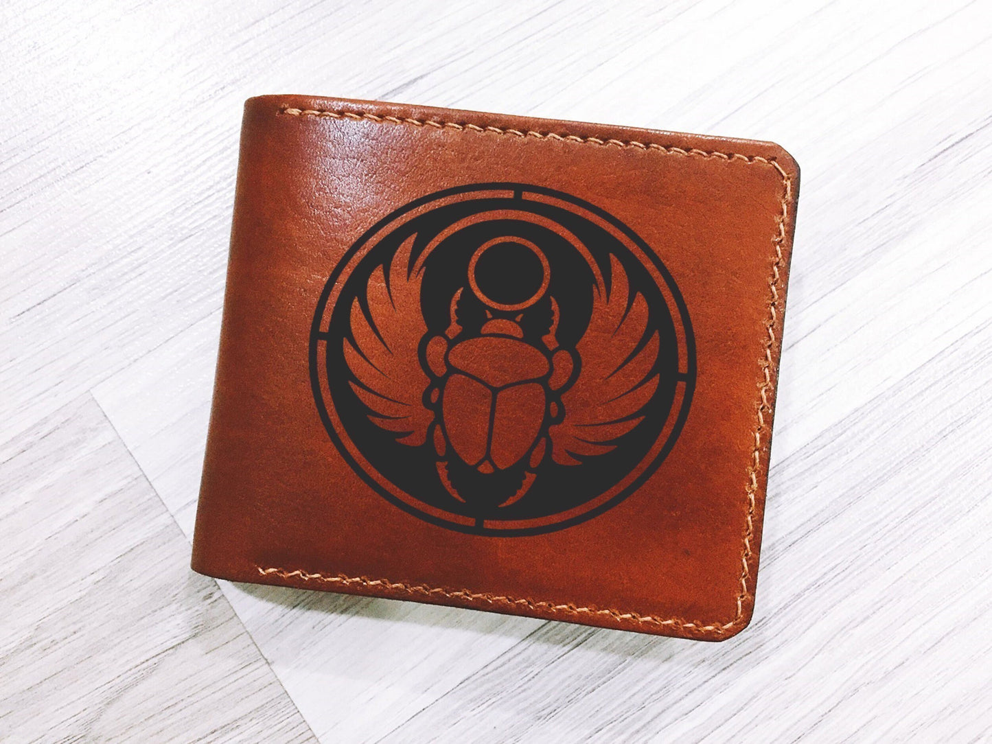 Leather handmade personalized men's wallet, the Ankh symbols wallet, egypt ancient Amulets engraved gift, present for men, the key of life