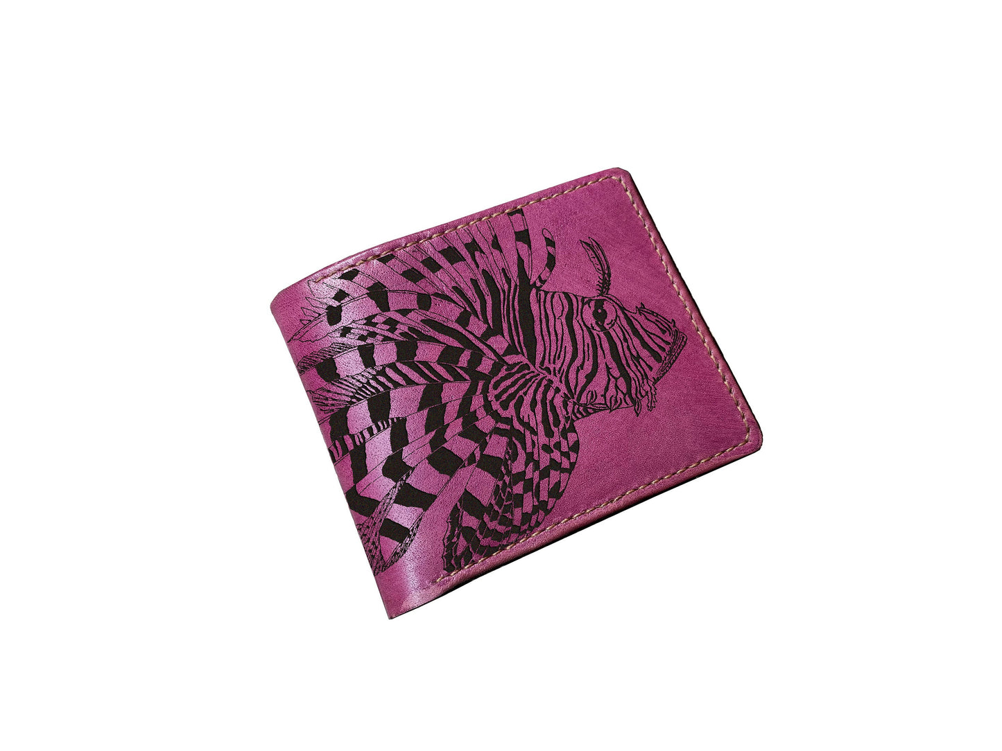 Customized leather men's wallet, bifold ID card wallet, Lionfish art wallet, animal pattern present for men, ocean fish men gift