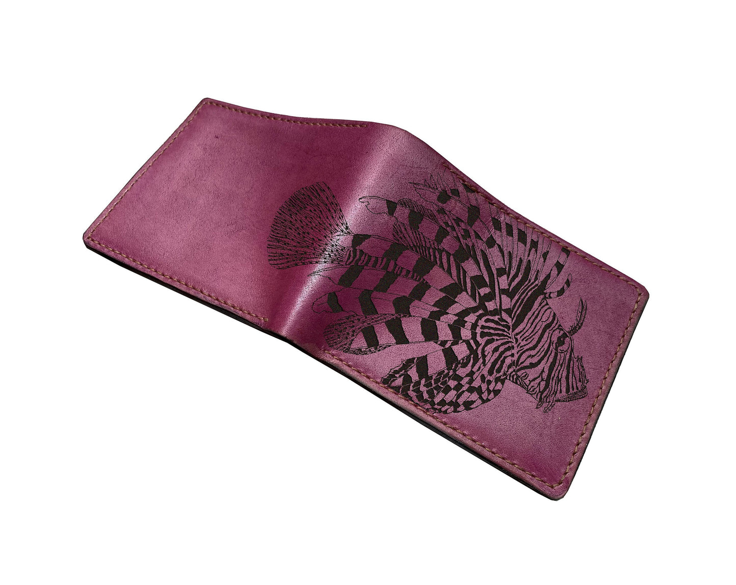 Customized leather men's wallet, bifold ID card wallet, Lionfish art wallet, animal pattern present for men, ocean fish men gift