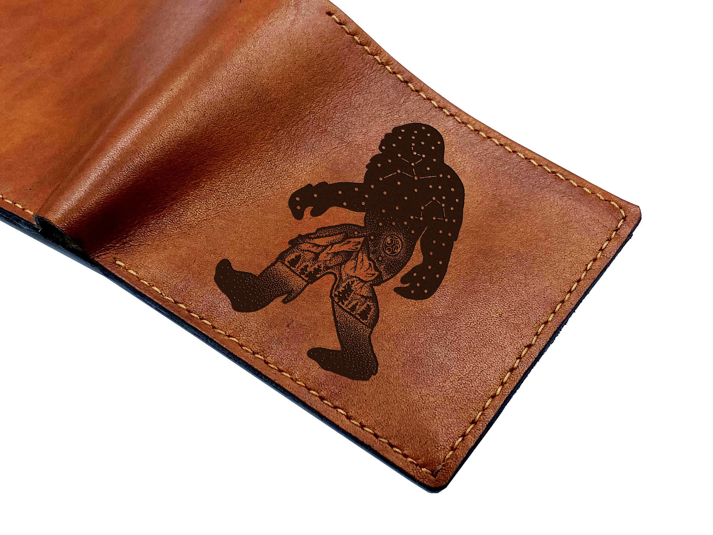 Bigfoot leather men's wallet, Sasquatch art leather gift for him, forest mythical creature wallet, custom cute monster gift for him