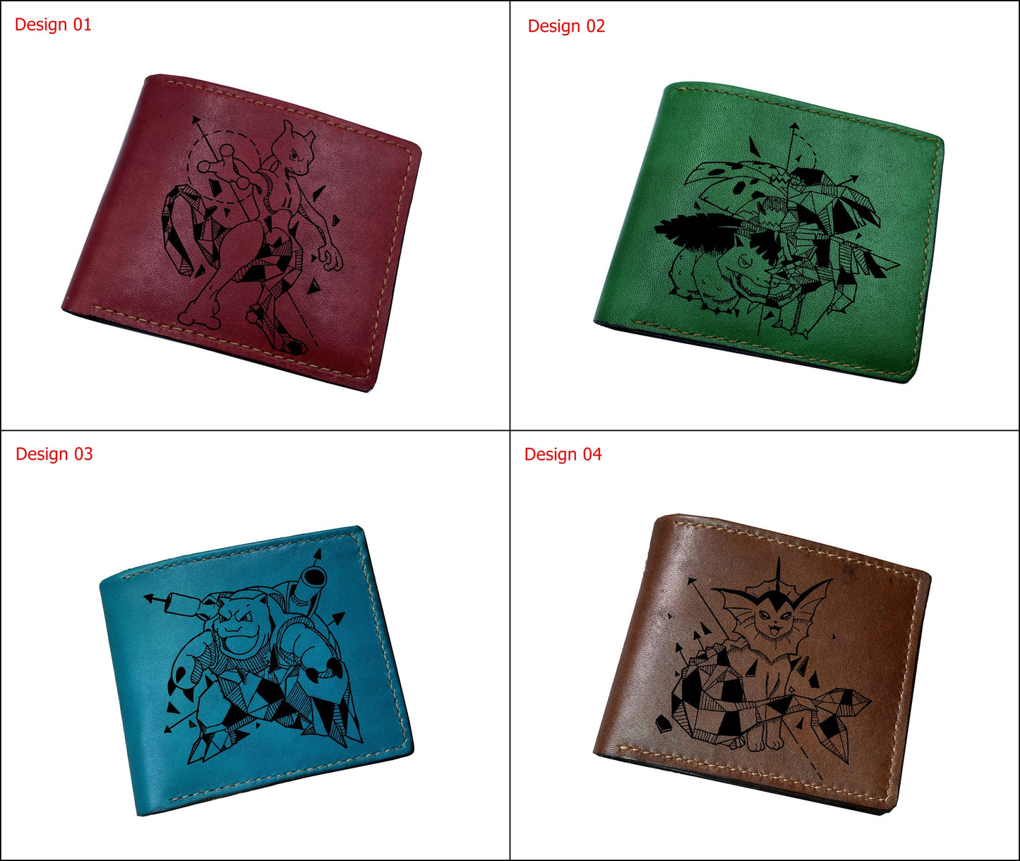 Mayan Corner - Pokemon geometric art leather handmade wallet, leather gift for dad, husband, brother - Venusaur/Fushigibana