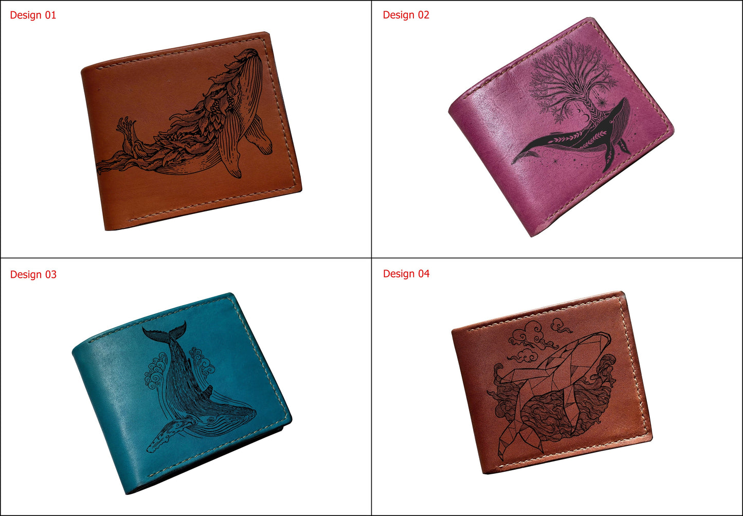 Mayan Corner - Custom leather handmade wallet, animal pattern gift, whales drawing art wallet