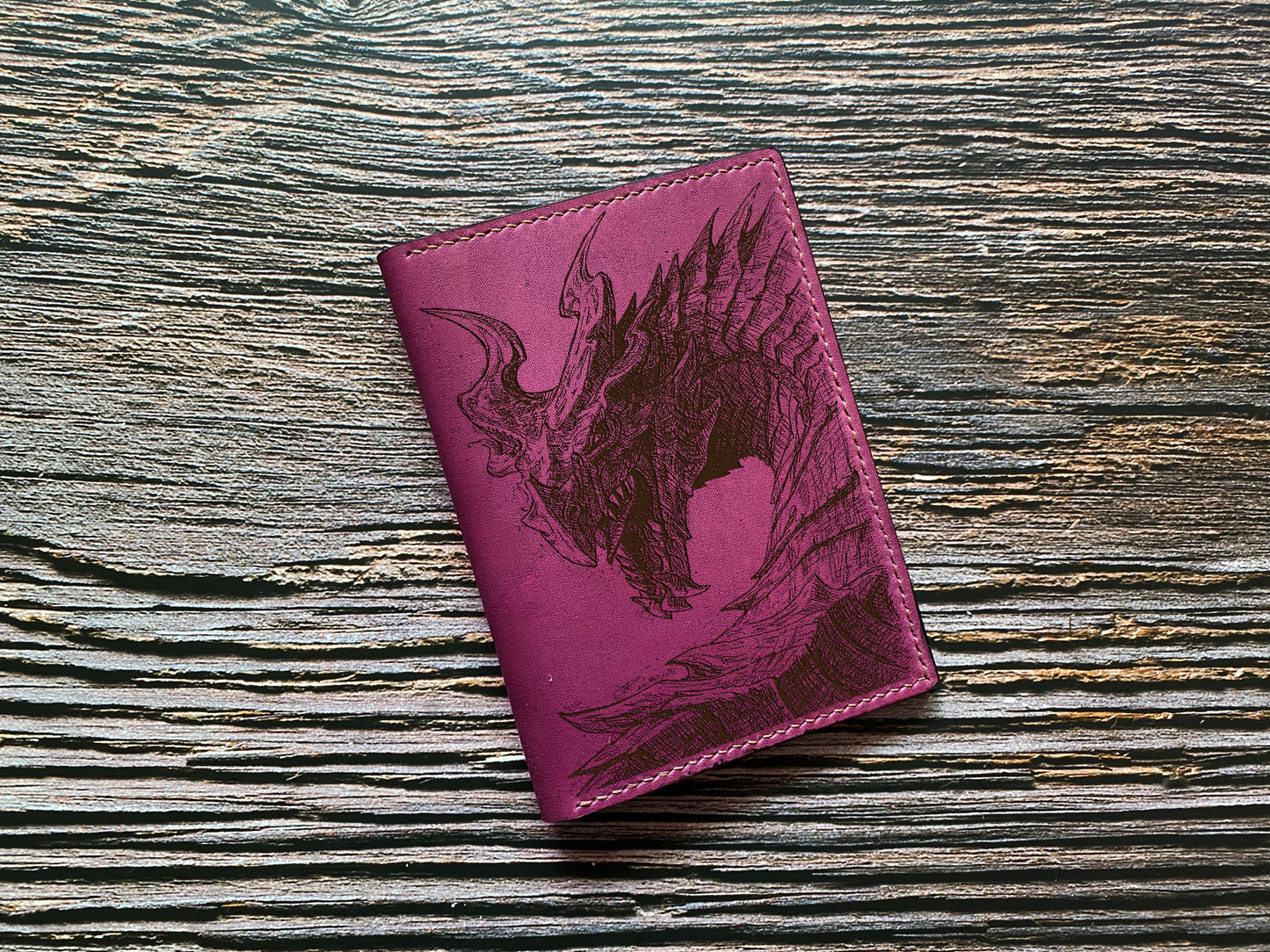 Alduin dragon leather passport wallet, Elders scroll leather gift ideas, Nordic god of time drawing art wallet, World Eater dragon wallet