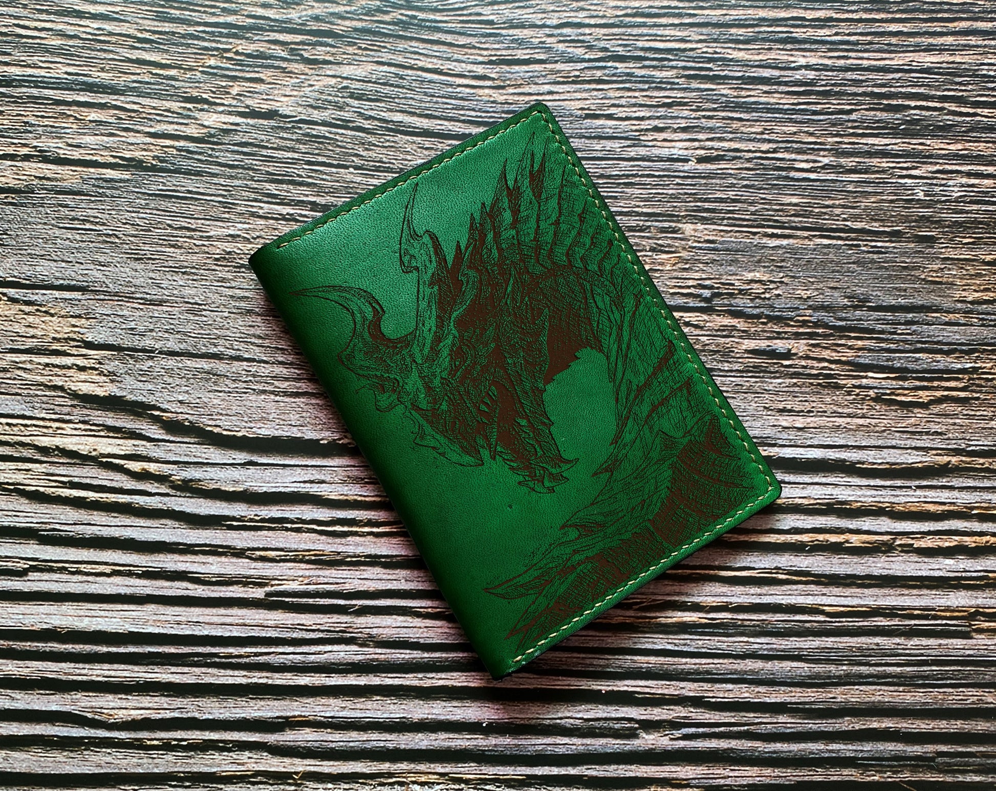 Alduin dragon leather passport wallet, Elders scroll leather gift ideas, Nordic god of time drawing art wallet, World Eater dragon wallet