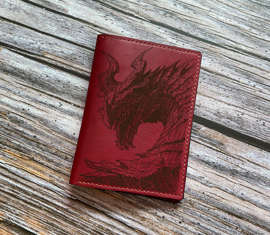 Alduin dragon leather passport wallet, Elders scroll leather gift ideas, Nordic god of time drawing art wallet, World Eater dragon wallet