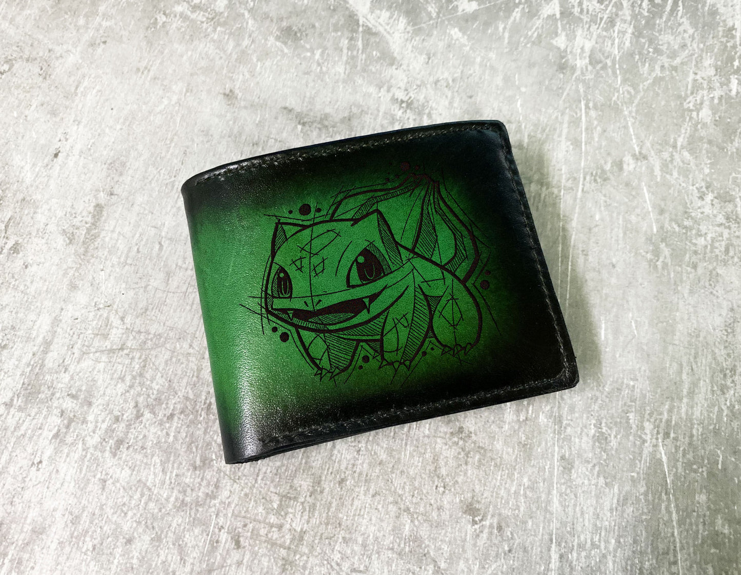 Bulbasaur Grass pokemon art gift ideas, customized leather wallet, pokemon drawing wallet, pokemon leather gift ideas for boyfriend, husband