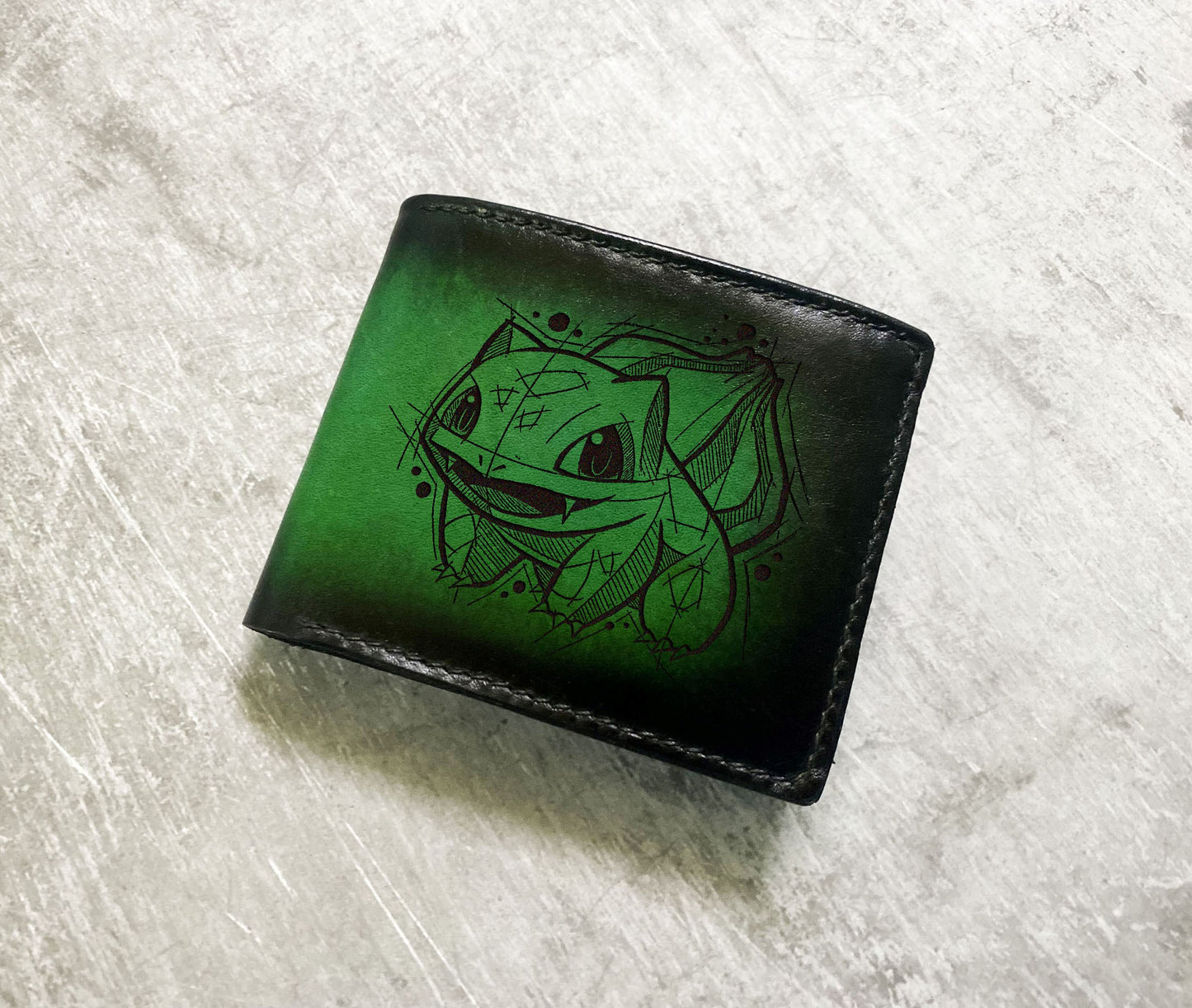 Bulbasaur Grass pokemon art gift ideas, customized leather wallet, pokemon drawing wallet, pokemon leather gift ideas for boyfriend, husband