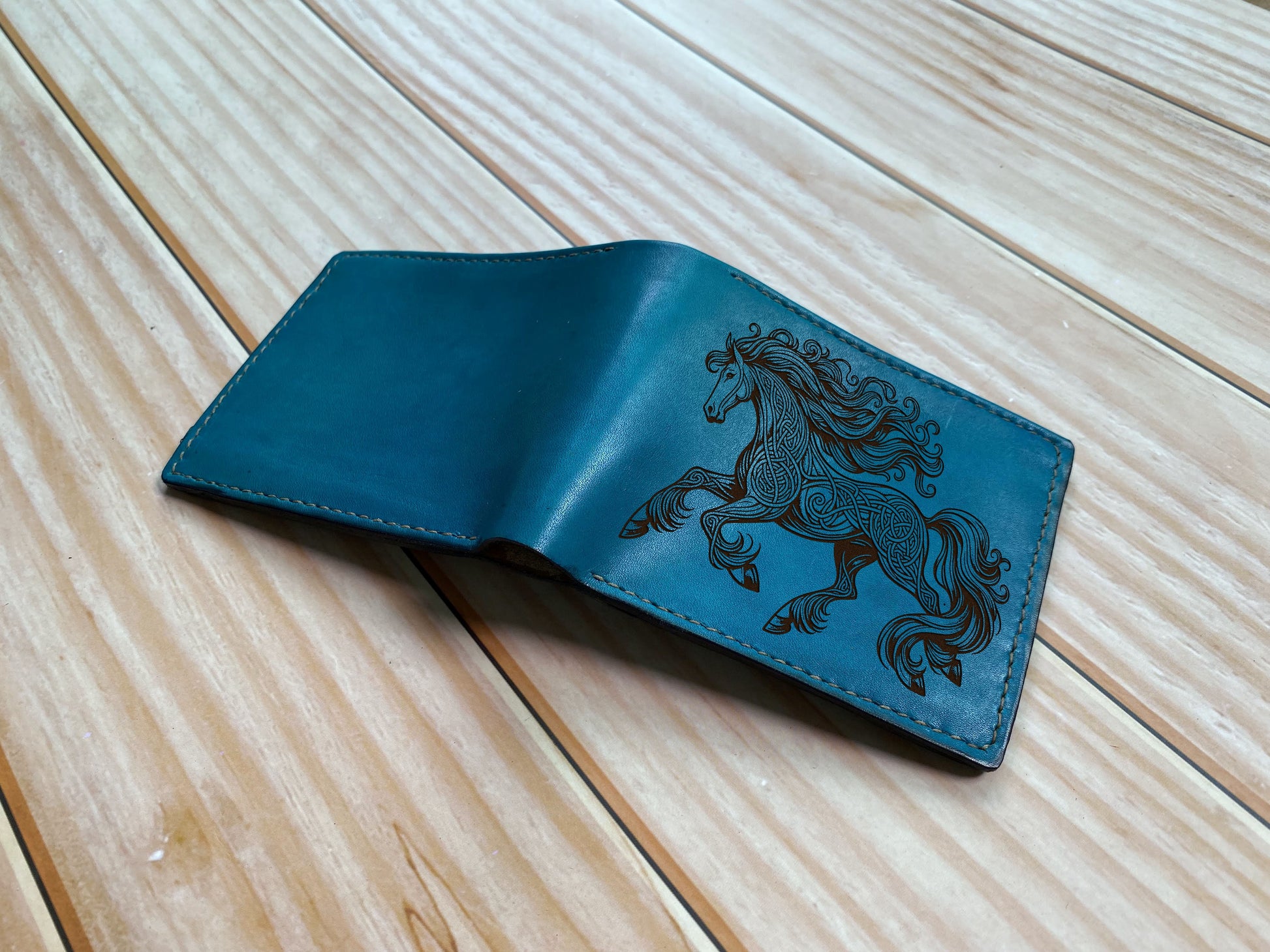 Custom leather gift for men, Celtic pattern leather wallet, horse gift for boyfriend, wallet for husband, horse art leather anniversary gift