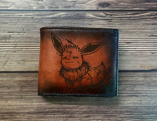 Eevee drawing cute art, custom genuine leather men's wallet, bifold pokemon men's wallet, wallet for kid, pokemon birthday present for him