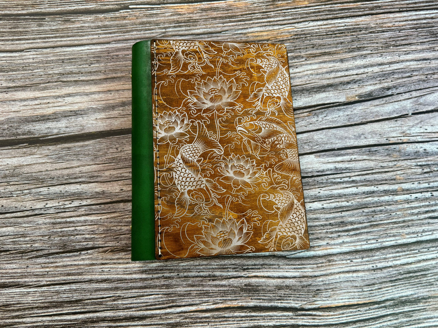 Koi fish wooden journal, Japanese pattern style journal, leather wood journal, notebook, customized refill wood journal, personalized gifts