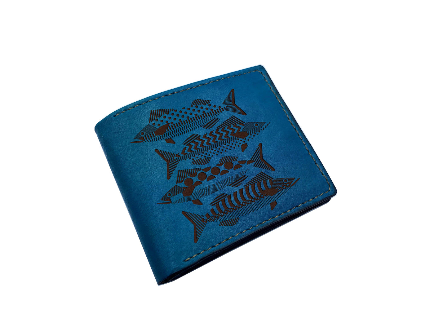 Fish pattern leather men's wallet, bifold ID card wallet, mini wallet with name engrave