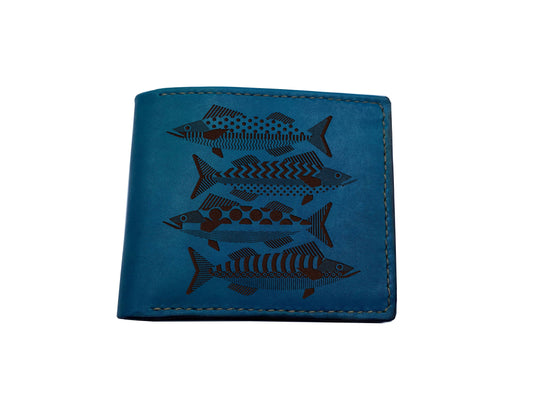 Fish pattern leather men's wallet, bifold ID card wallet, mini wallet with name engrave