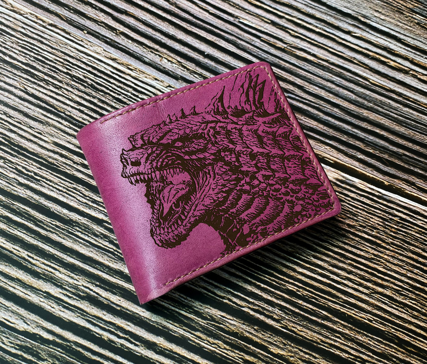 Godzilla leather handmade wallet, monstersverse gift ideas for men, King of the monsters leather anniversary present for men