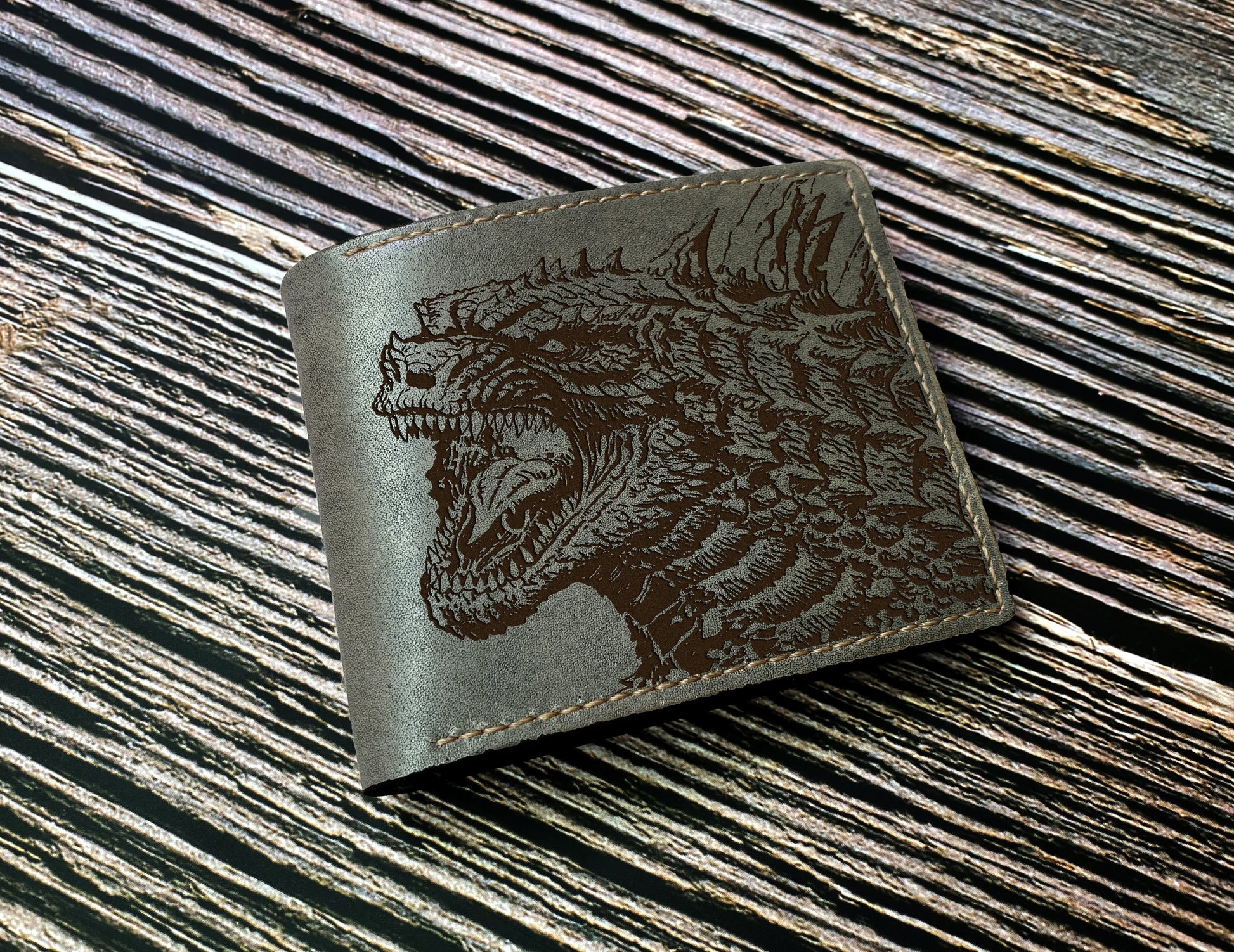 Godzilla leather handmade wallet, monstersverse gift ideas for men, King of the monsters leather anniversary present for men