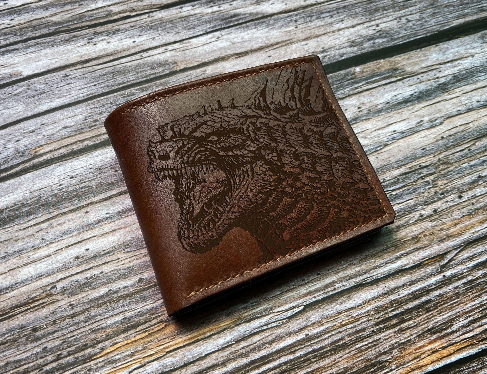 Godzilla leather handmade wallet, monstersverse gift ideas for men, King of the monsters leather anniversary present for men