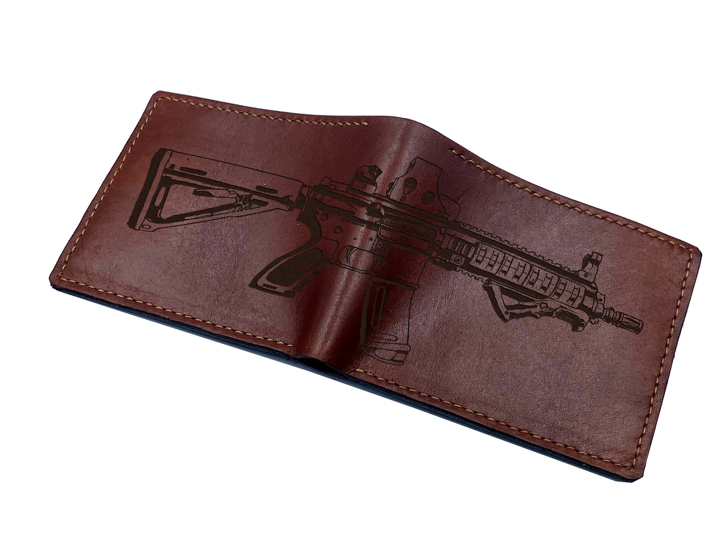 Personalized leather men's wallet, gun pattern men gift, machine gun drawing art wallet