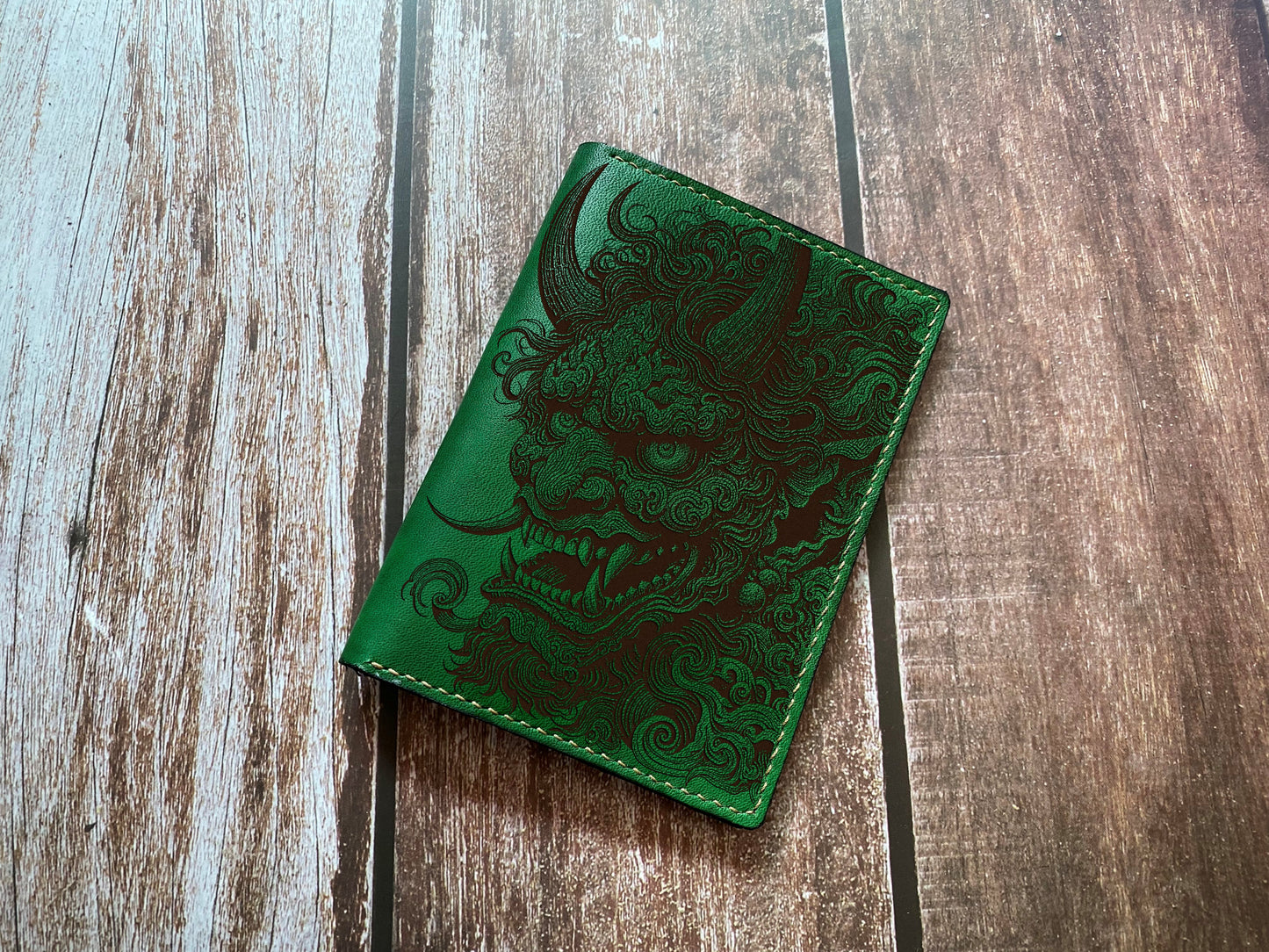 Devil mask engrave leather passport wallet, Hannya Evil Japanese travel wallet, horror art wallet, cool leather wallet, custom leather gift for him