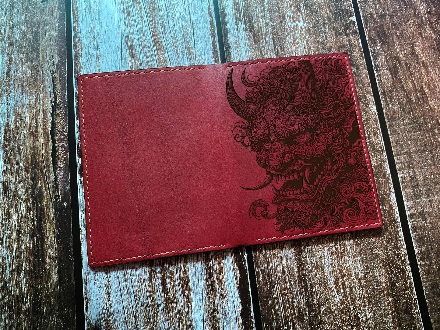 Devil mask engrave leather passport wallet, Hannya Evil Japanese travel wallet, horror art wallet, cool leather wallet, custom leather gift for him