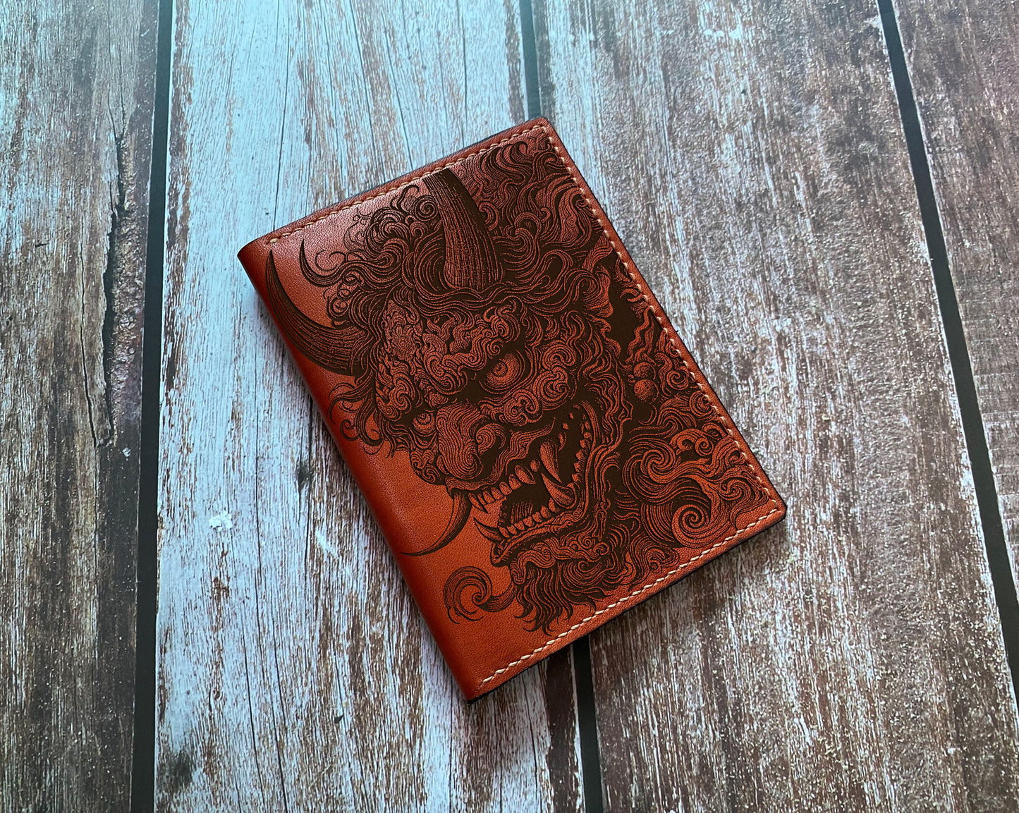 Devil mask engrave leather passport wallet, Hannya Evil Japanese travel wallet, horror art wallet, cool leather wallet, custom leather gift for him