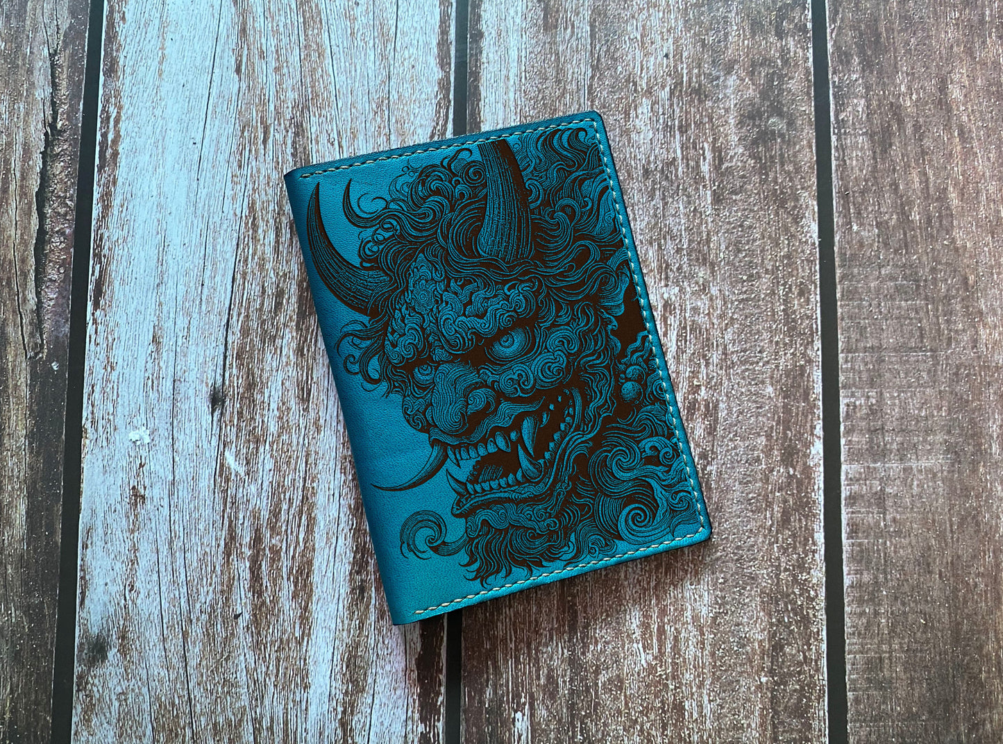 Devil mask engrave leather passport wallet, Hannya Evil Japanese travel wallet, horror art wallet, cool leather wallet, custom leather gift for him