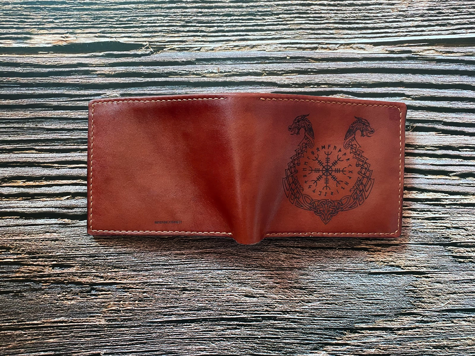 Custom leather men's wallet, norse runes celtic viking symbol wallet, bifold engraved wallet, gift for him