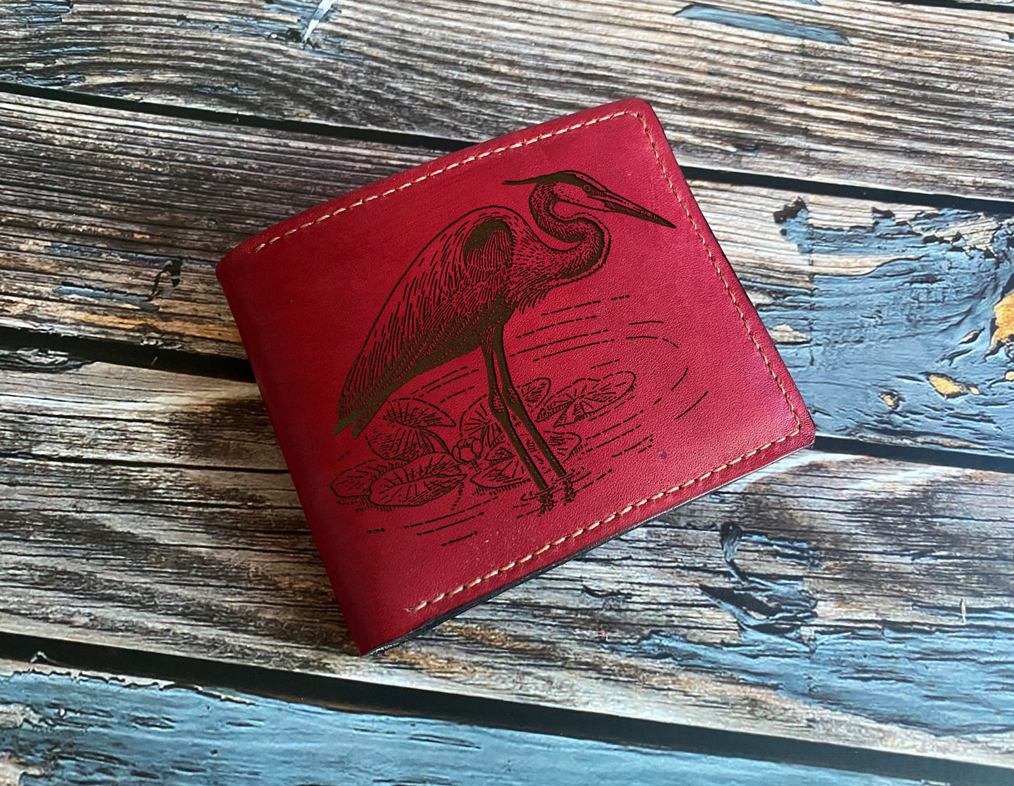 Mayan Corner - Grey heron leather men's wallet, custom engrave gift for him, Bird drawing art present, Gift for bird lovers