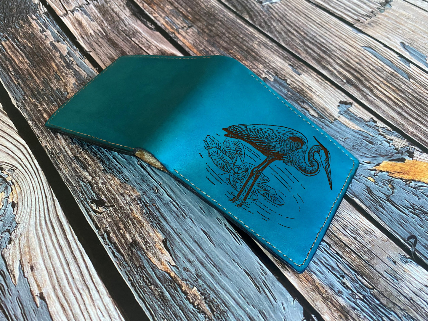 Mayan Corner - Grey heron leather men's wallet, custom engrave gift for him, Bird drawing art present, Gift for bird lovers