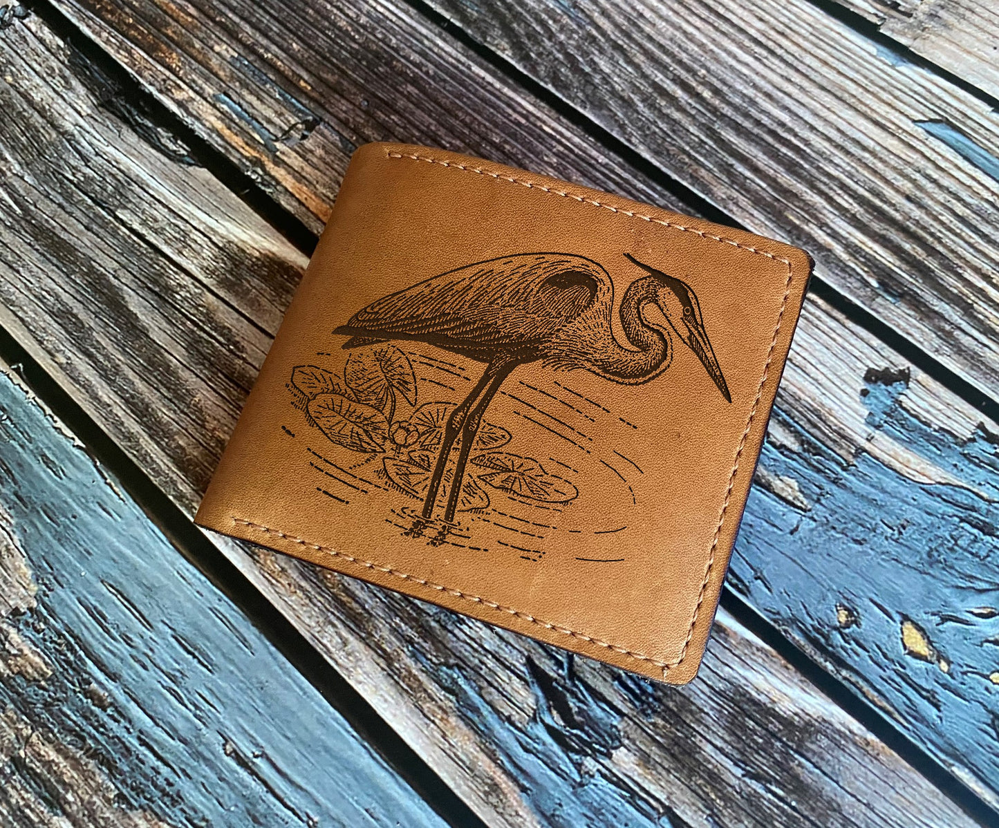 Mayan Corner - Grey heron leather men's wallet, custom engrave gift for him, Bird drawing art present, Gift for bird lovers