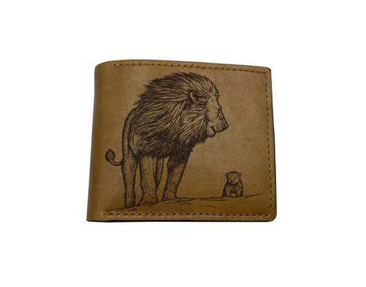 Animal pattern leather men's wallet, Lion cub drawing art wallet, Lion wallet for him, customized Father and son gift ideas