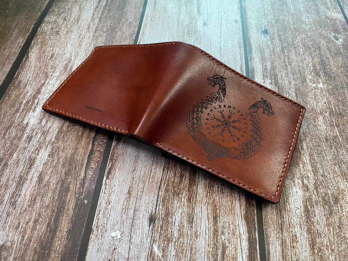 Custom leather men's wallet, norse runes celtic viking symbol wallet, bifold engraved wallet, gift for him