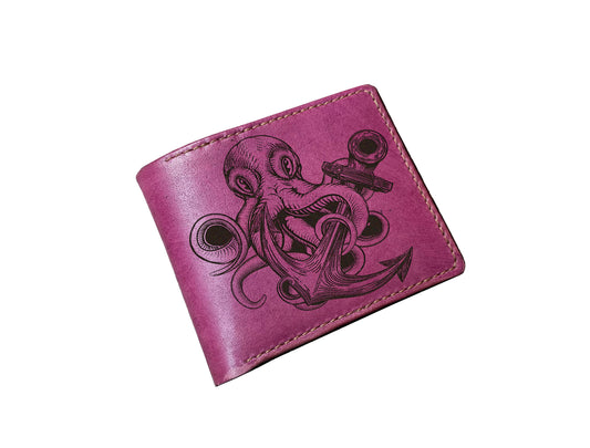 Octopus Kraken leather wallet, customized gift ideas for him, sailor seafarer present, steering wheel ocean art wallet for men