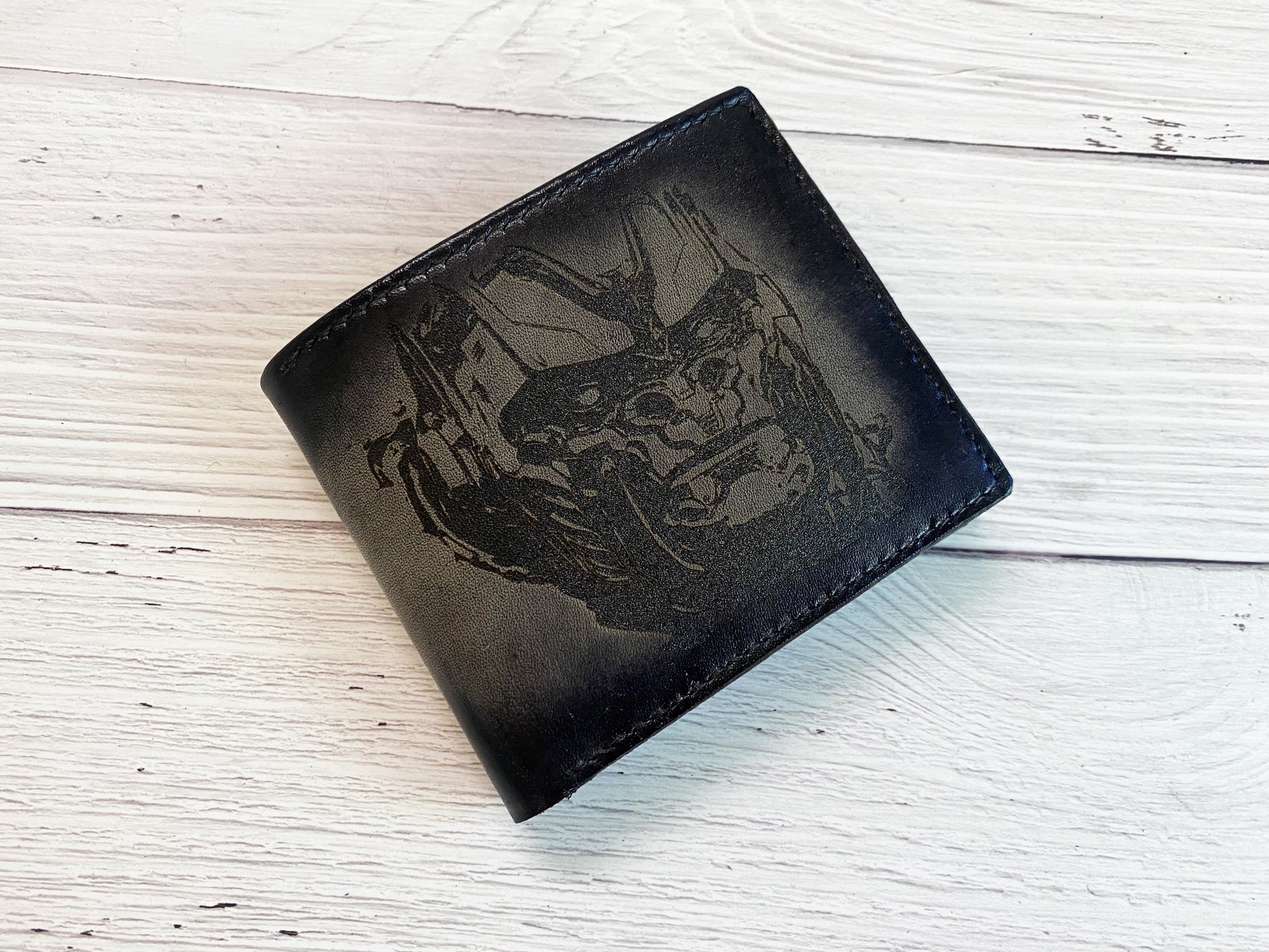 Optimus Primal leather men's wallet, custom engrave wallet, anniversary present for dad, husband, Transformers art gift, Android robot gifts