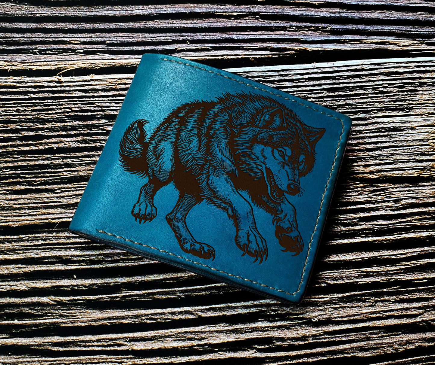 Wolf leather wallet, wolf drawing art present, custom engraving leather men wallet, predator wildlife animal gift ideas, wallet for dad