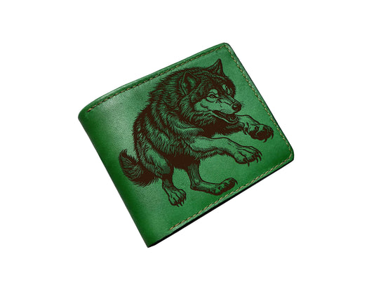 Wolf leather wallet, wolf drawing art present, custom engraving leather men wallet, predator wildlife animal gift ideas, wallet for dad