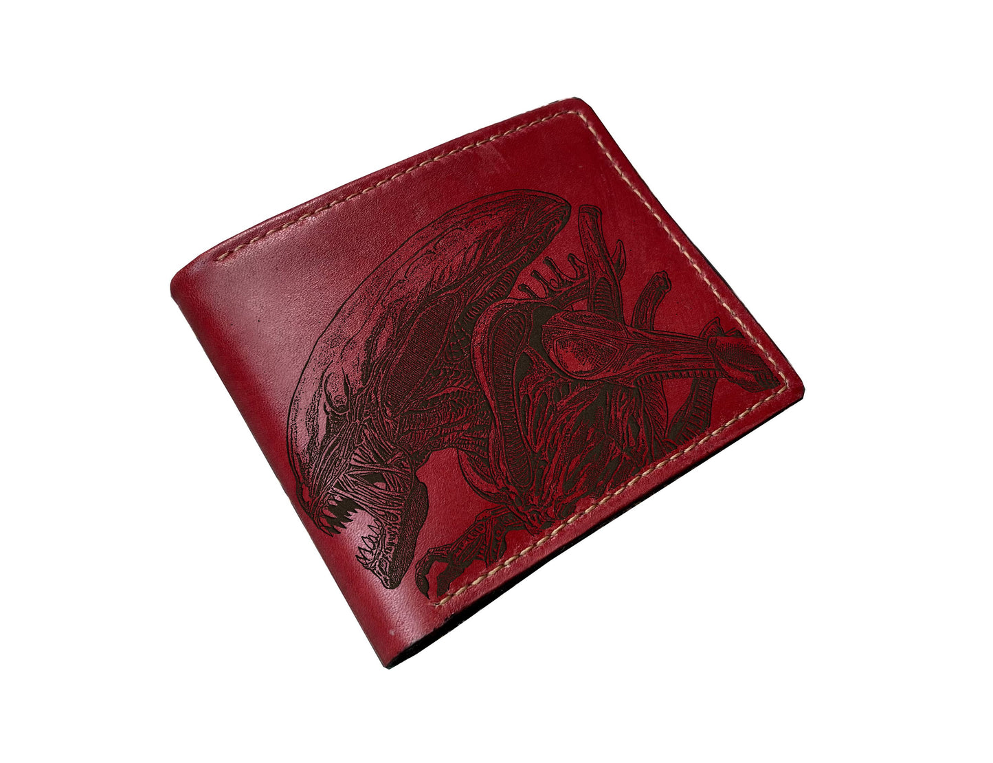Pesonalized leather gift ideas, Alien Xenomorph art wallet, custom engrave gift ideas for men