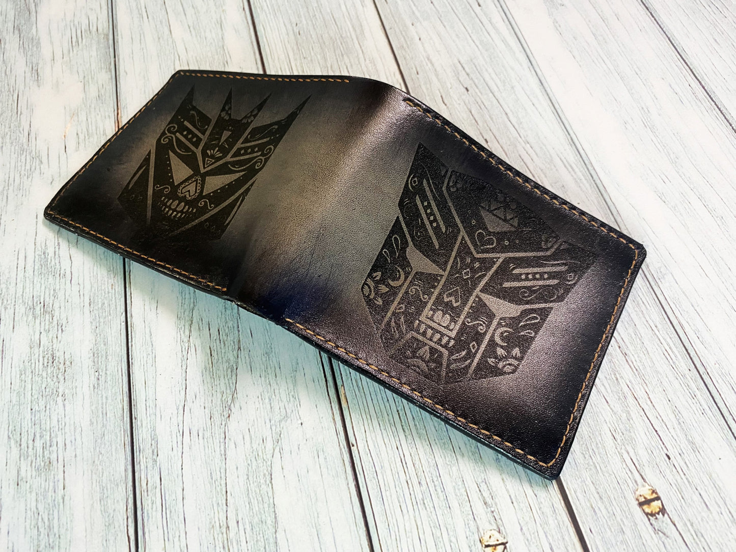 Autobot Decepticon logo engraved wallet, transformers art wallet, customized transformers wallet for him