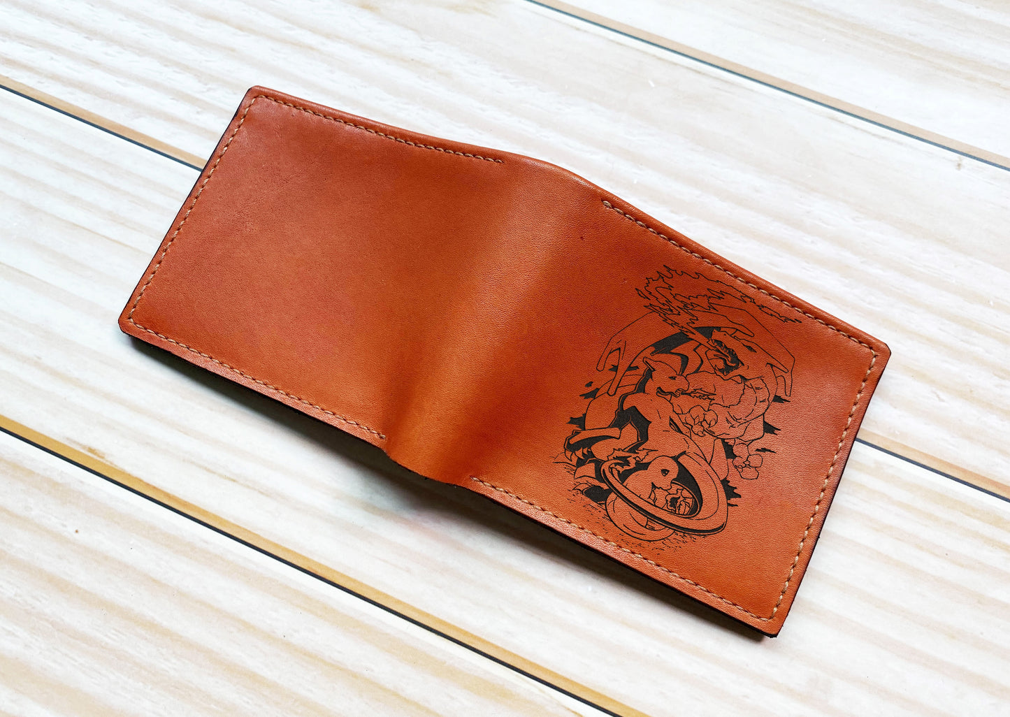 Charizard Chamander pokemon art leather wallet, personalized leather gift ideas, bifold genuine leather wallet, gift for him