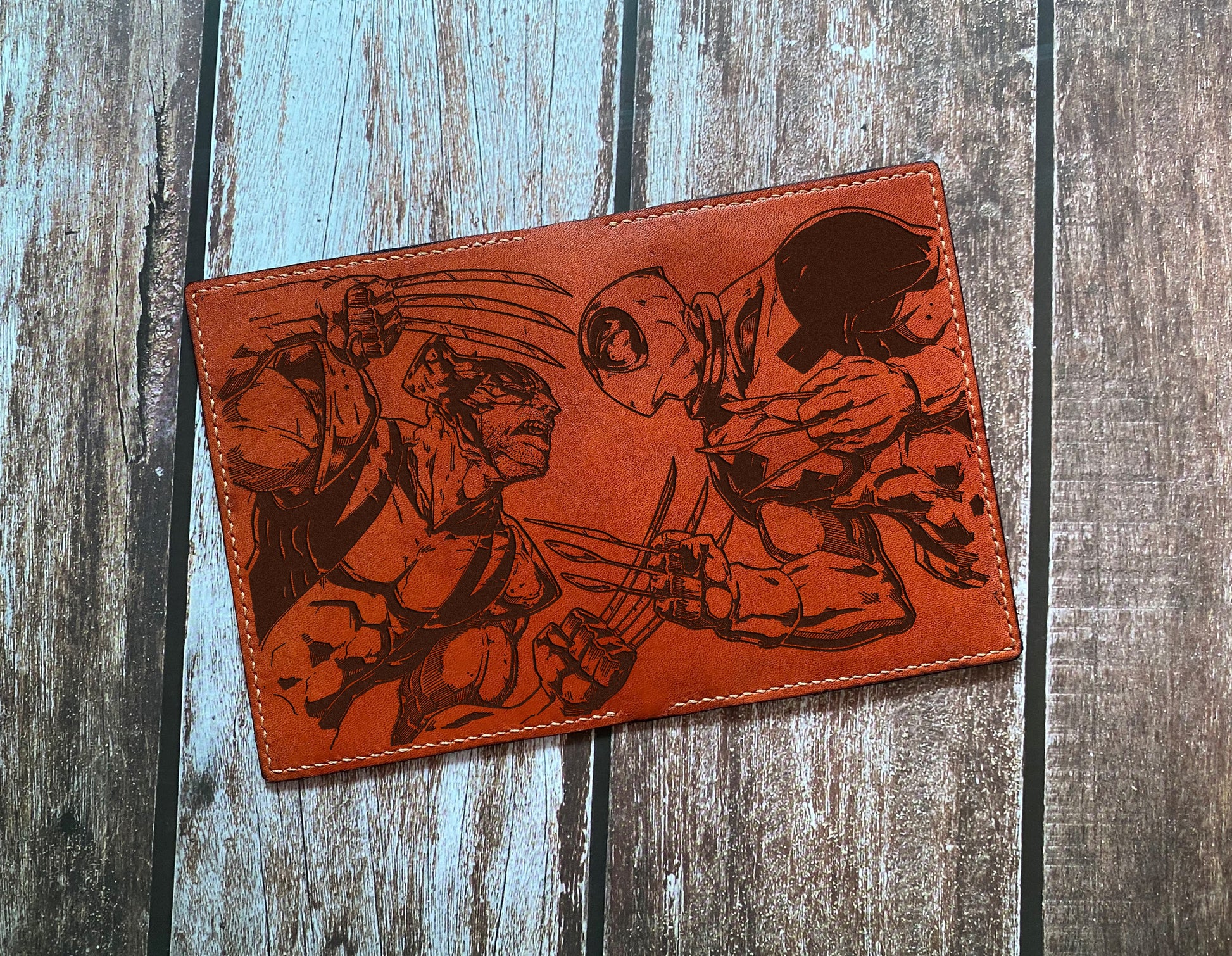 Deadpool Wolverine leather wallet, custom engrave wallet, superheroes leather gift ideas, deadpool travel wallet