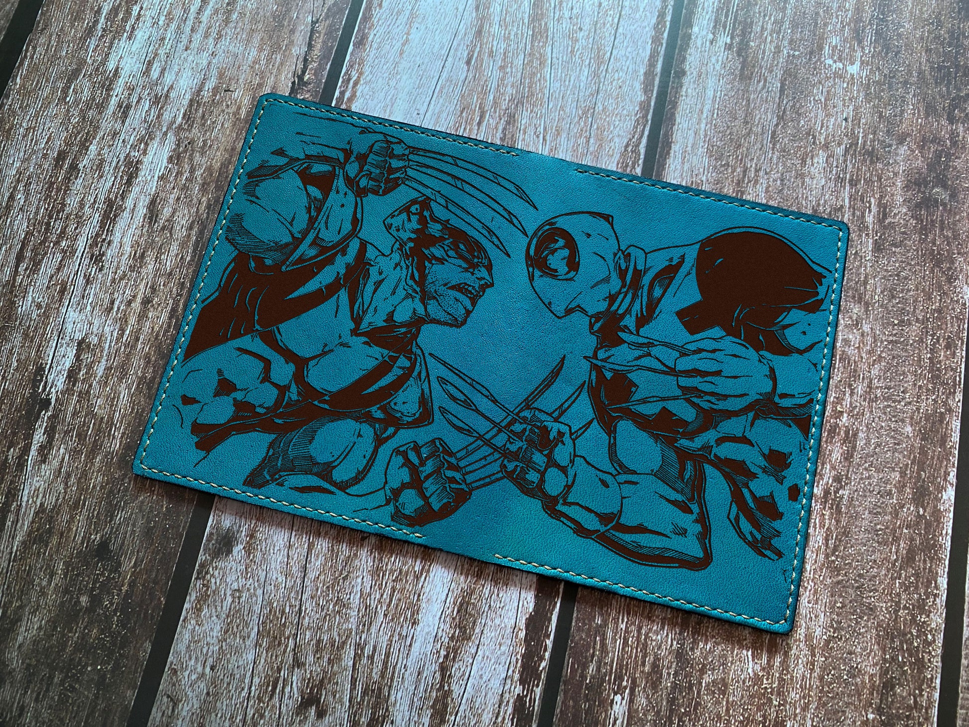 Deadpool Wolverine leather wallet, custom engrave wallet, superheroes leather gift ideas, deadpool travel wallet