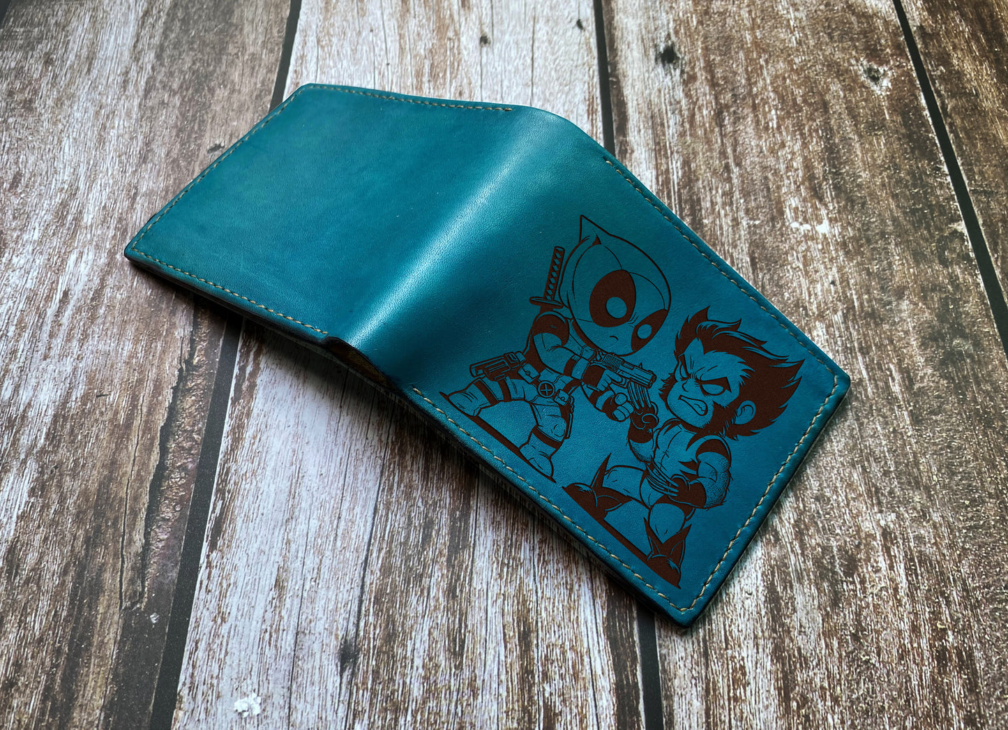 Wolverine Deadpool leather wallet, superheroes chibi style wallet for boyfriend, leather anniversary Marvel art