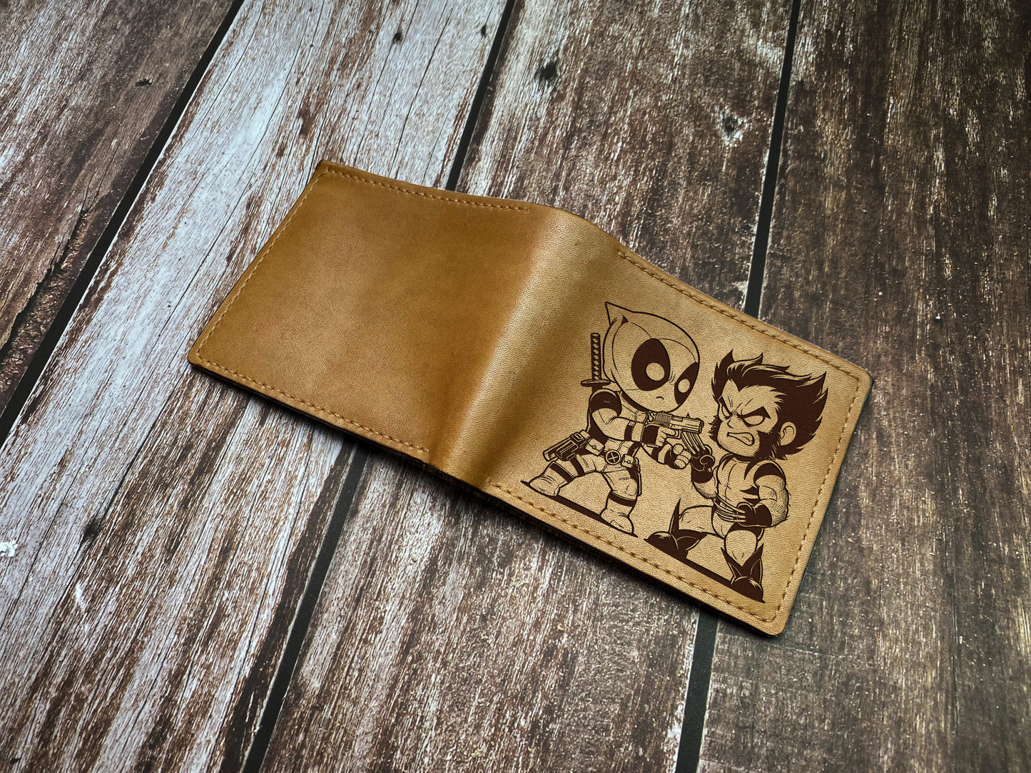 Wolverine Deadpool leather wallet, superheroes chibi style wallet for boyfriend, leather anniversary Marvel art