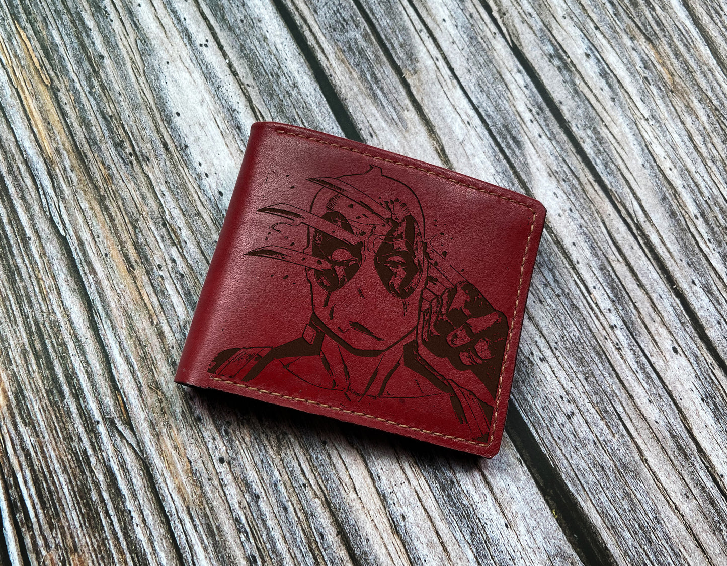 Deadpool leather handmade wallet, custom leather wallet, superheroes gift ideas for boyfriend, wallet for dad