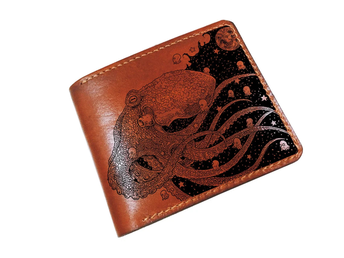 Octopus Wave Genuine Leather wallet, Octopus Alien unique wallet, Personalized wallet, Octopus handmade wallet, Christmas custom wallet for him