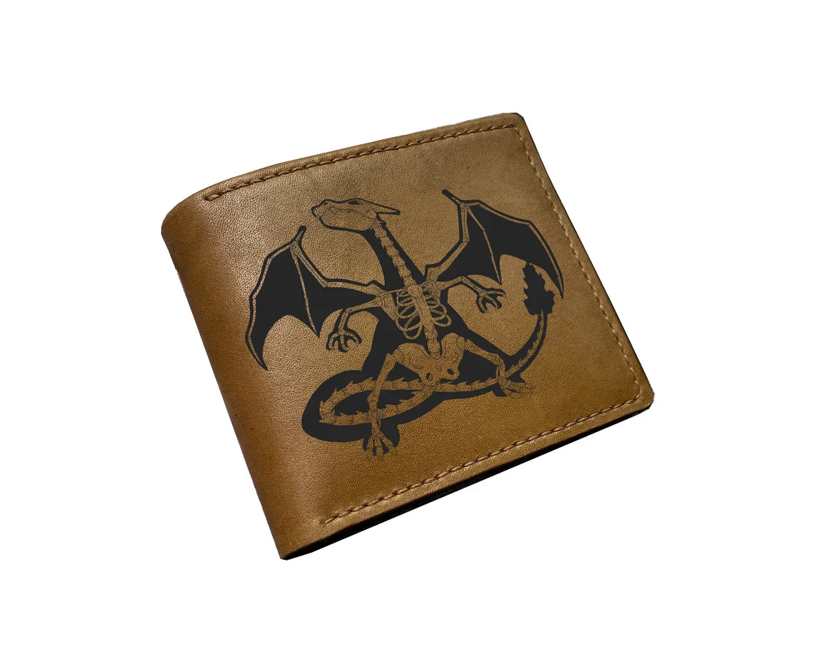 Customized name engrave leather men's wallet, pokemon leather wallet, charizard skeleton art wallet, wallet for boy, pokemon gift ideas
