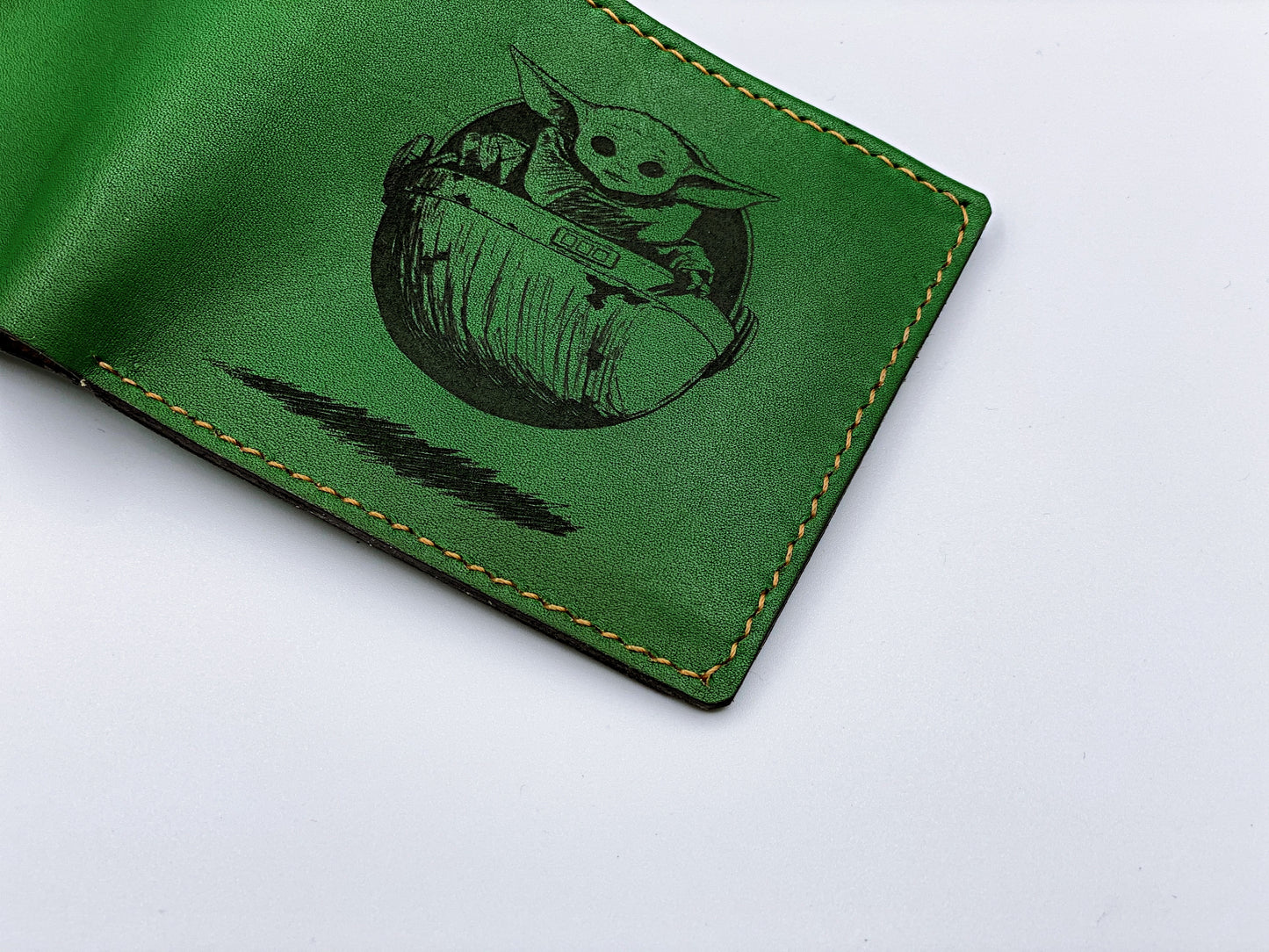 Mayan Corner - Starwars baby Yoda custom leather handmade men's wallet, special gifts for him, brown leather men's wallet, wallet for dad, boyfriend, husband, anniversary present for men