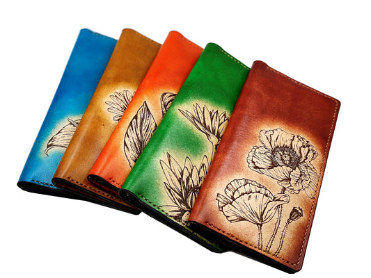 Personalized leather handmade long bifold flowers wallet for women, gift for her, mother's day gift