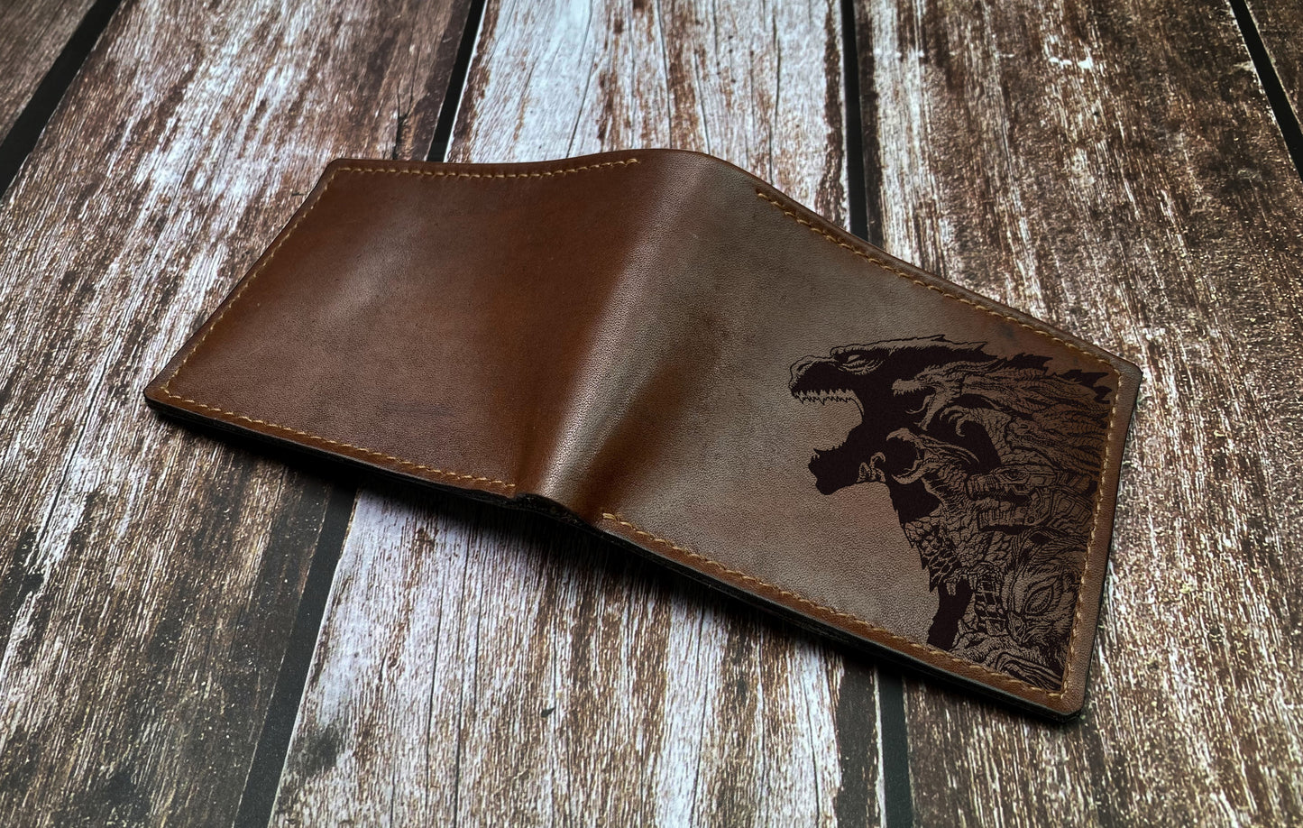 Godzilla king of the monsters leather handmade wallet, bifold ID card wallet for him
